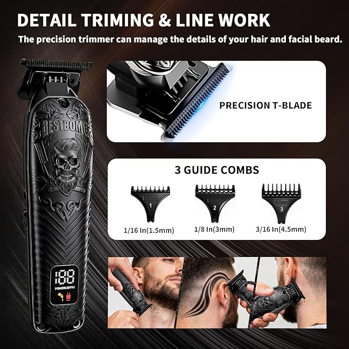Professional Cordless Mens Hair Clippers & Beard Trimmer Kits & Sets,Metal Hair Clippers Cutting Grooming Kit with Long Battery Life for Family Barber Use (Black)