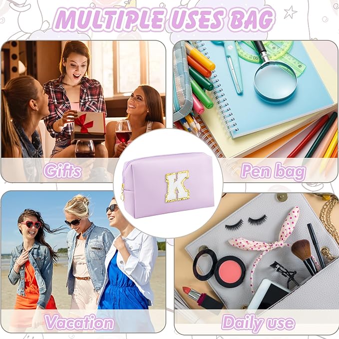 Gifts for Girls Initial Makeup Bag Personalized Cosmetic Bag with Zipper Cute Travel Toiletry Bag Waterproof PU Preppy Makeup Pouch Birthday Gift for Teen Girls Women(Purple K)