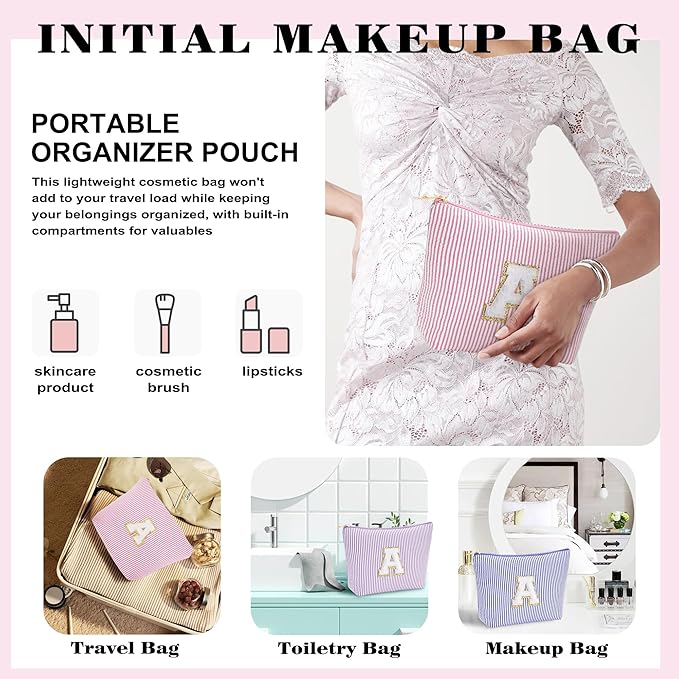 Initial Makeup Bag Set - Cute Pink Stuff for Women, Makeup Pouch Cosmetic Bag, Travel Essentials Toiletry Bag, Birthday Christmas Gifts for Women, Light Pink K