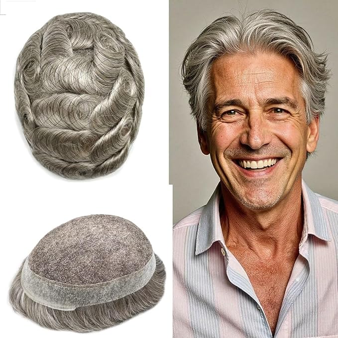 Toupee for Men French Lace Human Hair Replacement Systems Lace Center with Poly Around Hair Piece Mens Toupee Hair Units for Man V-Looped Front Male Hair Units 6"X8" #380 Dark Brown with 80% Gray