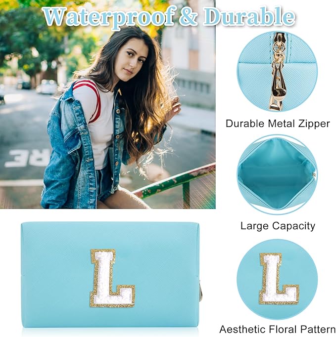 Personalized Initial Letter Patch Makeup Bag, Preppy Portable Chenille Cosmetic Bag with Zipper, PU Leather Waterproof Travel Toiletry Bag Monogram Make Up Pouch for Women Girls
