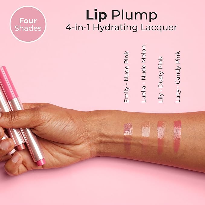 MCoBeauty - Lip Plump 4-in-1 Hydrating Lacquer - Multi-Benefit Lip Color with Shea Butter, Hyaluronic Acid and Click-Pen Format - Lucy, Candy Pink Shade - 2.5ml