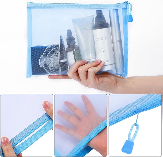 12 Pieces Zipper Nylon Mesh Pouch, Mesh Cosmetic Bags Makeup Bags Pencil Case, Multipurpose Travel Bags for Cosmetic School Office Supplies and Travel Accessories (Sky Blue, A5+B6)
