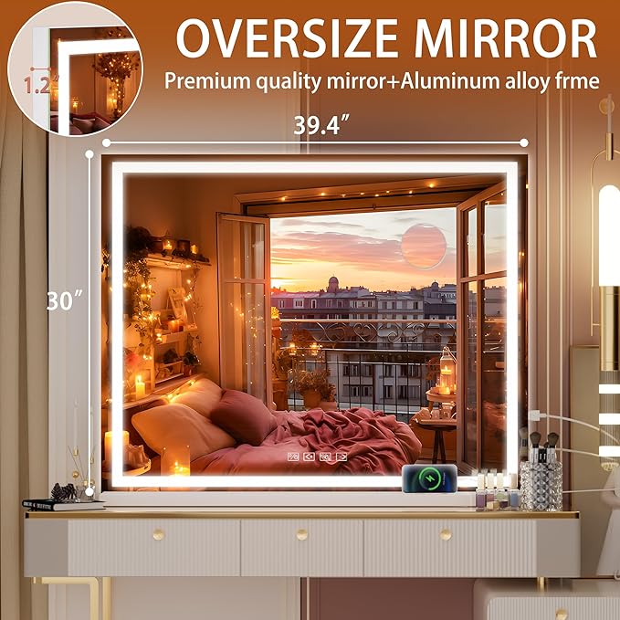 Hasipu Vanity Mirror with Lights and Bluetooth Speaker, 40" x 29.5" LED Makeup Mirror, Lighted Makeup Mirror with Dimmable 3 Modes, USB Charging Port, Square White