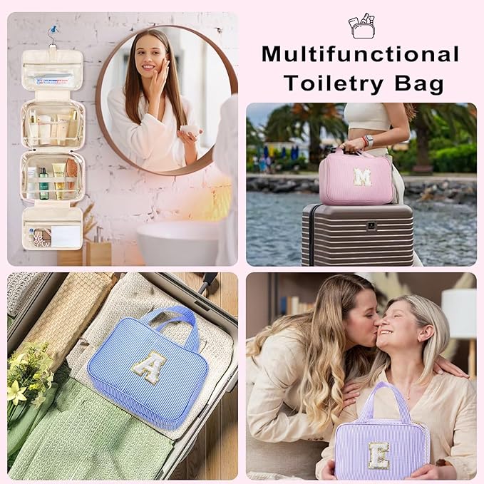 TOPEAST Hanging Toiletry Bag - Large Capacity Personalized Travel Bag for Women, Cruise Ship Essentials - Letter S, Pink