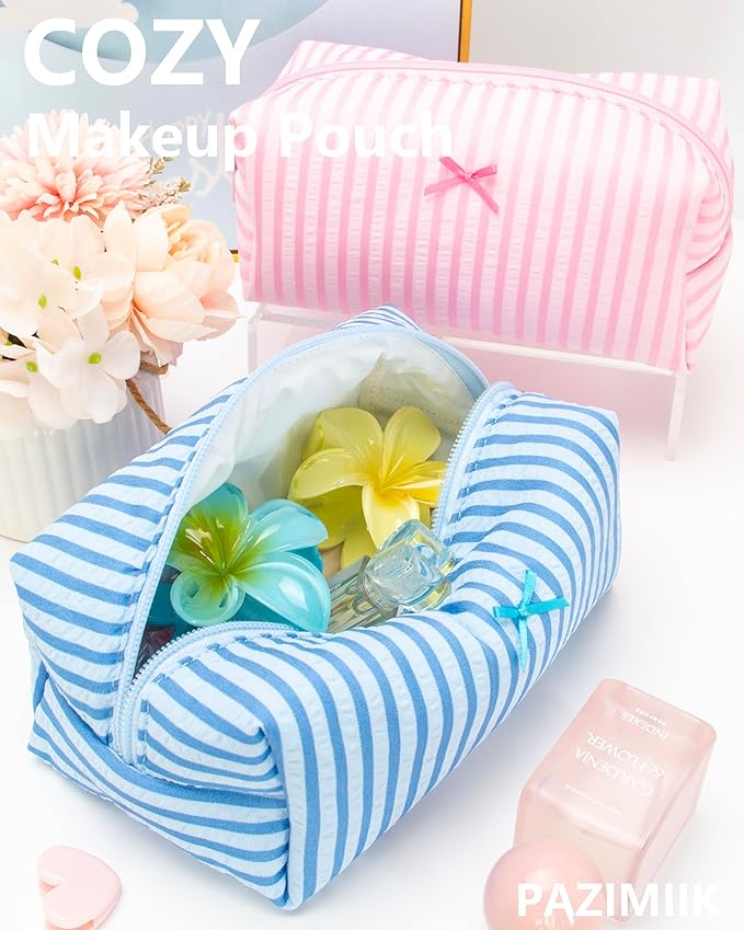 PAZIMIIK Cozy Makeup Bag Small Aesthetic Travel Zipper Cosmetic Pouch for Women Make Up Beauty Accessories Brushes, Stripe Lake Blue