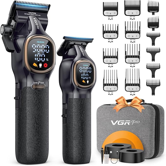 Professional Hair Clippers for Men, Professional Barber Clippers and Trimmer Set, Cordless Hair Clippers for Hair Cutting with Package Case, Powerful 9000 PRM Rechargable Electric (Black)