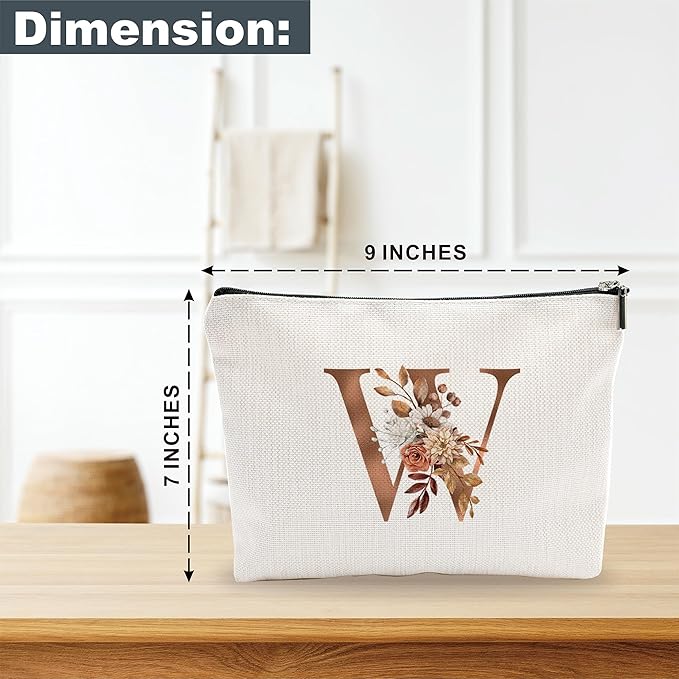 A-Z Boho Personalized Cosmetic Bag-Floral Cotton Letter Makeup Bag With Zipper-Artistic Cosmetic Bag For Travel-Bride,Birthday Gift For Women Daughter Friends-Women Makeup Organizer-A23