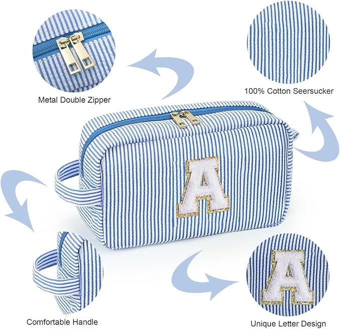 YOOLIFE Initial Makeup Bag for Women - Monogram Cute Blue Makeup Bag Cosmetic Toiletry Pouch Make Up Case for Women Her Best Friend Friendship Sister Teacher, Personalized Birthday Gifts for Women H