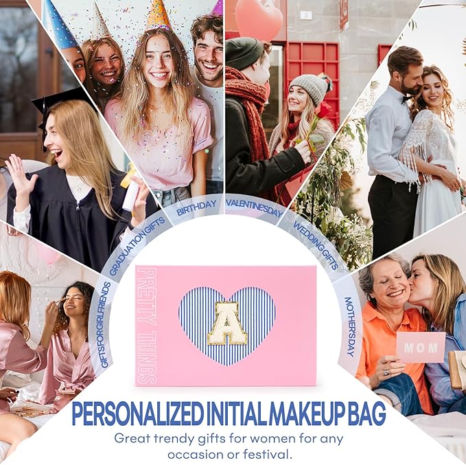 2 PCS Initial Makeup Bags for Women: Cosmetic Bag for Travel Toiletry - Birthday Gifts for 11 12 13 14 15 16 17 18 Years Old Girl Graduation Teacher Gift- Teen Girl Gifts Trendy Stuff - Blue N