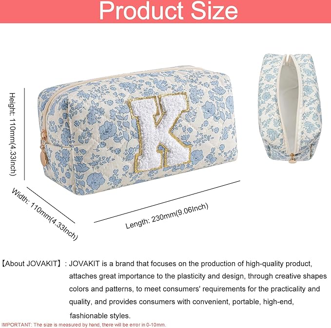 JOVAKIT Makeup Bag Cosmetic Bags for Women, Christmas Gifts for Girls Age 6-18, Alphabet Pink Floral Coquette Zipper Travel Makeup Pouch, Organizer Case Trendy Stuff (Pink+ Blue K)