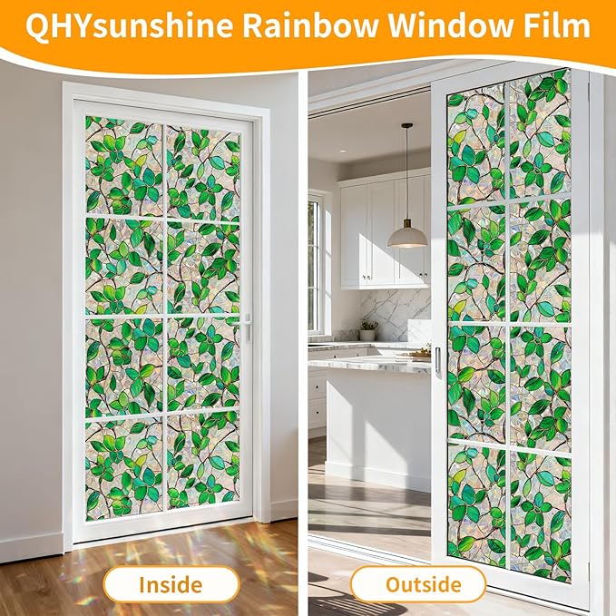 Stained Glass Window Privacy Film Decorative Rainbow Static Clings – Ideal for Home & Office, Adhesive-Free, Removable, UV-Blocking (Green Rainbow, 35.4 X 78.7 in)