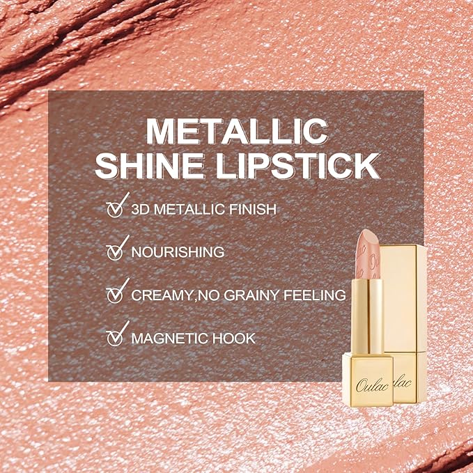 Oulac Matte Pinky Nude Lipstick with Glow Metallic Finish - Vegan Lipstick for Women, Creamy Texture, Hydrating Clean Beauty Formula, High-End Magnetic Hook Design, GM02 Ethereal