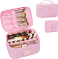 MONSTINA Initial Makeup Bag with Brush Holder for Women,Make Up Case for Girlfriend Bridesmaid Wife|Personalized Birthday Gift for Her Cute Toiletry Bag,2PCS,Pink K