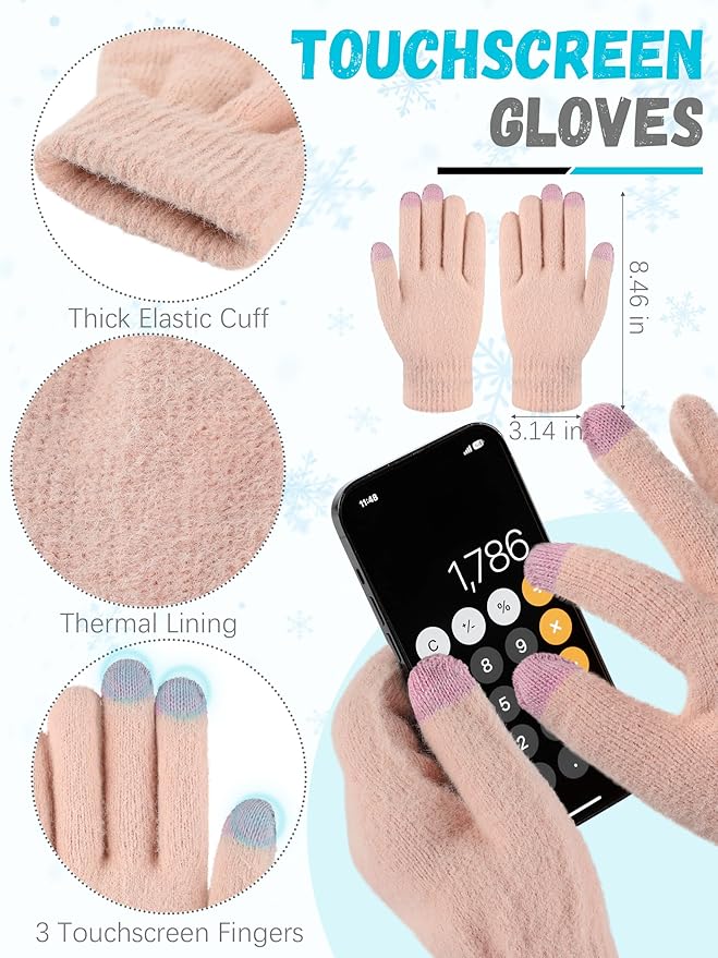 Winter Beanie Hat Scarf Gloves, Warm Fleece Knit Hat Long Scarf Neck Warmer Touch Screen Winter Gloves Set Gifts for Women