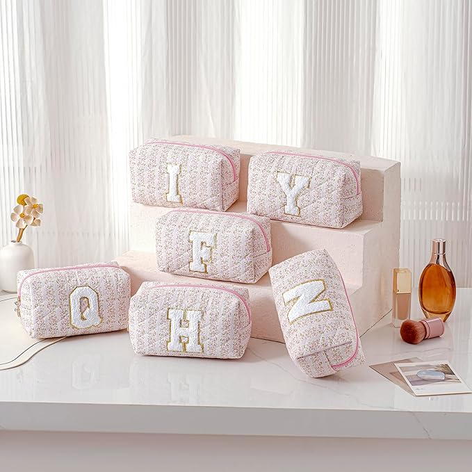JOVAKIT Alphabet Makeup Bag Cosmetic Bag for Women, Christmas Gifts for Girls Age 6-18, Floral Flowers Coquette Travel Toiletry Zipper Make Up Pouch Organizer Trendy Stuff (Pink Floral P)