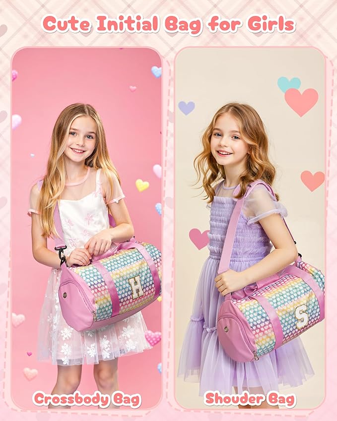 Gift for 8 Year Old Girl, Girls Travel Duffel Bag, Kids Initial Overnight Bags with Shoe Compartment, Personalized Weekender Bag with Makeup Pouch, Stocking Stuffers for Toddler (Letter F)