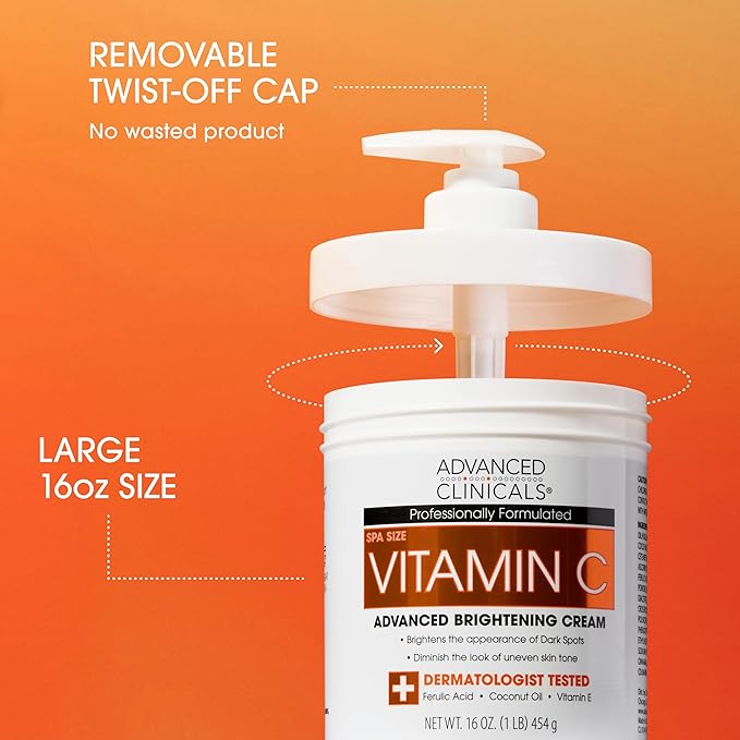 Advanced Clinicals Brightening Vitamin C Cream Moisturizer + Vitamin C Body Oil 2pc Skincare Set | Nourishing, Brightening, & Hydrating Body Oil & Body Lotion To Improve Appearance Of Dark Spots, 2pc