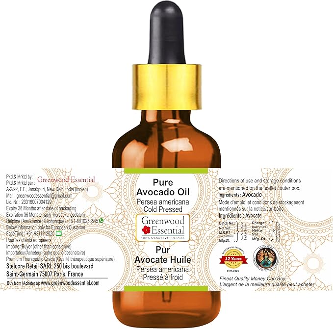 Greenwood Essential Pure Avocado Oil (Persea americana) with Glass Dropper Cold Pressed 100ml (3.38 oz)