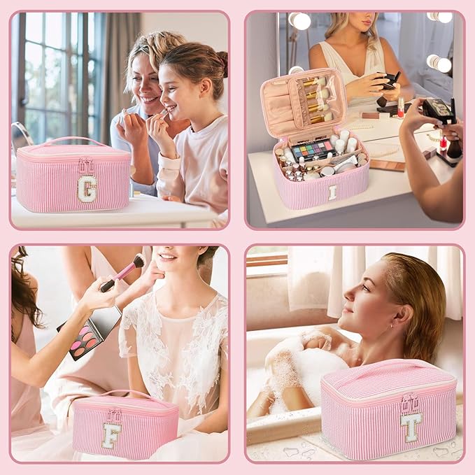 OCHEAL Makeup Bag for Women, Monogram Cosmetic Bag with Brush Holder, Pink Travel Makeup Case Beauty Toiletry Bag Organizer Personalized Gifts for Girls Bridesmaid, Sister, Wife, Friends Initial A