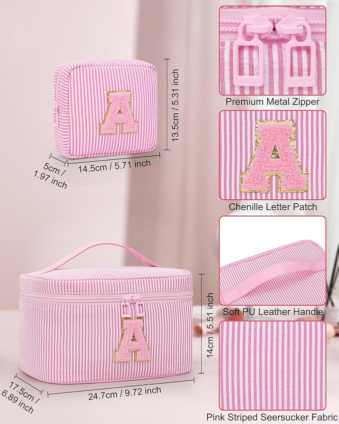 MONSTINA Initial Makeup Bag with Brush Holder and Divider,Birthday Gifts for 4 5 6 7 8 9 10 11 12 Year Old Girls, Personalized Preppy Cosmetic Bag |Cute Toiletry Bag,2PCS,Pink J