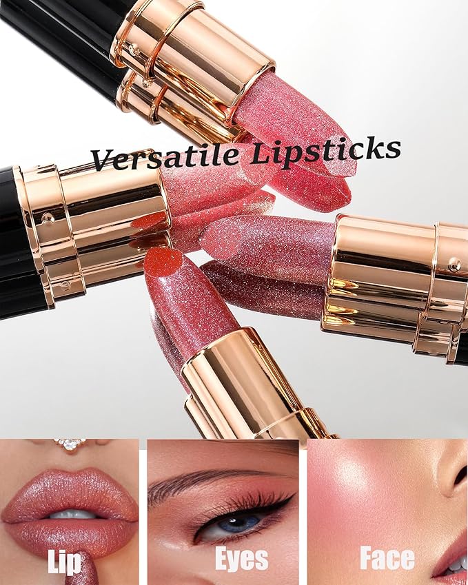 Pink Metallic Glitter Lipstick Long Lasting, Diamond Nude Shimmer Lip Gloss High Pigmented Lip Red Color Matte Lip Stick for Women, Sparkling Shiny Transfer Proof Non Stick Tinted Lip Balm Makeup-02