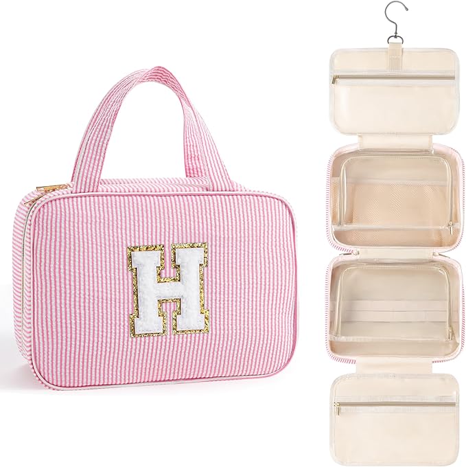 TOPEAST Travel Toiletry Bag for Women - Hanging Toiletry Bag, Personalized Initial Toiletry Bags for Traveling Women, Portable Travel Toiletry Bag for Toiletries, Cosmetics - Letter H,Pink
