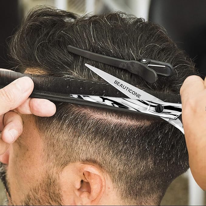 BEAUTICONE ® Hair Cutting Scissors - High Carbon SS 6.5" Professional Barber-Grade Salon Shears with Serrated & Razor Edge - Black Premium Gift Box with Leather Pouch & Extra Accs - Ultra Lightweight