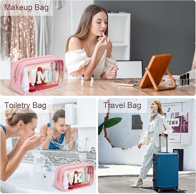 YOOLIFE Initial Travel Makeup Bag Pouch, Clear Toiletry Bag for Women Travel Accessories Cosmetic Bag Skin Care for Teen Make Up Bags Birthday Gifts for Women Unique Teacher Mom Friends Gifts Pink N