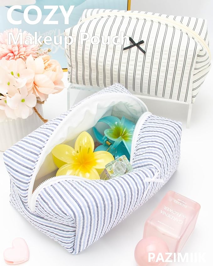 PAZIMIIK 2PCS Cozy Makeup Bag Small Aesthetic Travel Zipper Cosmetic Pouch for Women Make Up Beauty Accessories Brushes, Stripe Blue Mix