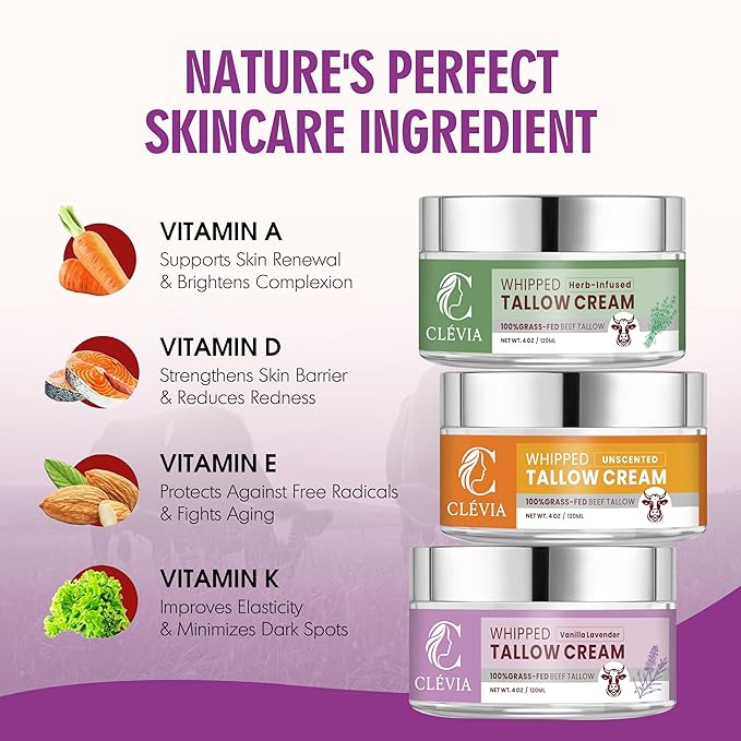 Anti-Wrinkle Whipped Beef Tallow Cream 4 oz - Natural Whipped Tallow Balm Infused with Herbal Extracts & Organic Jojoba Oil - Grass Fed Tallow Moisturizer for Deep Hydration | Herb-Infused Unscented