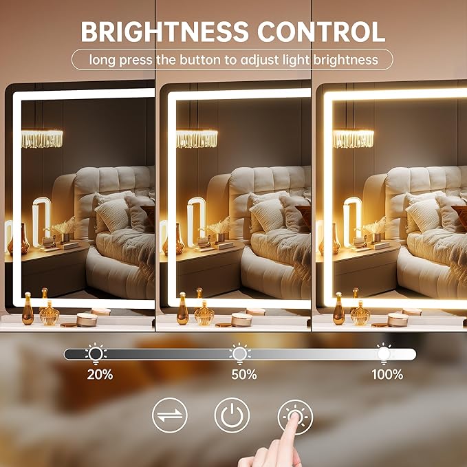 Hasipu Vanity Mirror with Lights, 41.3" x 30" LED Makeup Mirror, Lighted Makeup Mirror with Dimmable 3 Modes, Touch Screen Control Vanity Mirror Round White