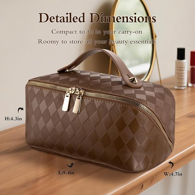 Abiudeng Travel Makeup Bag Large Capacity for Travel Essentials Open Flat Makeup bag Organizer with Divider and Handle-Rhombus Brown