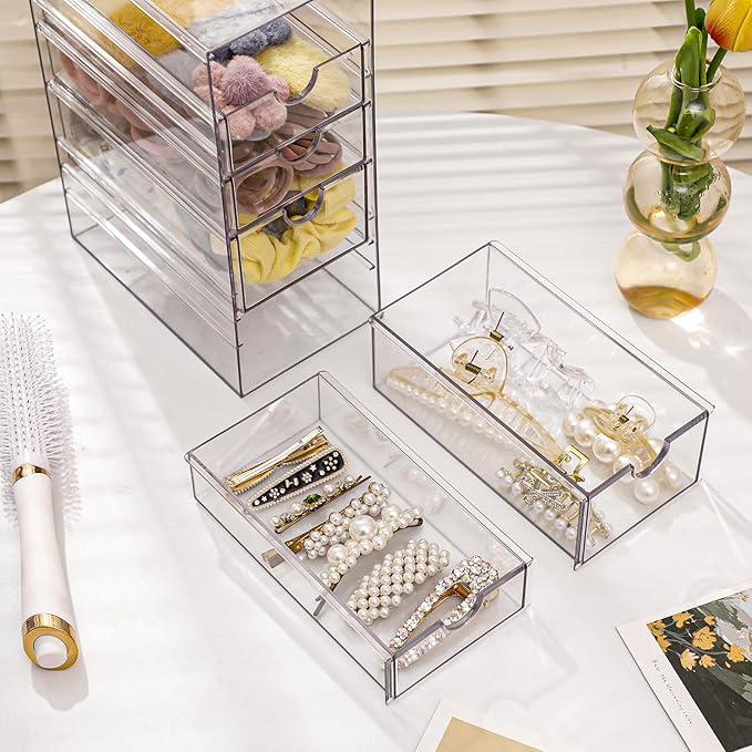 FABROK Clear Hair Accessory Organizer Box with 5 Drawers, Compact Storage Organization Drawers Set for Cosmetics, Glasses, Stationery, Stackable Storage Containers Box for Bathroom, Closet, Office