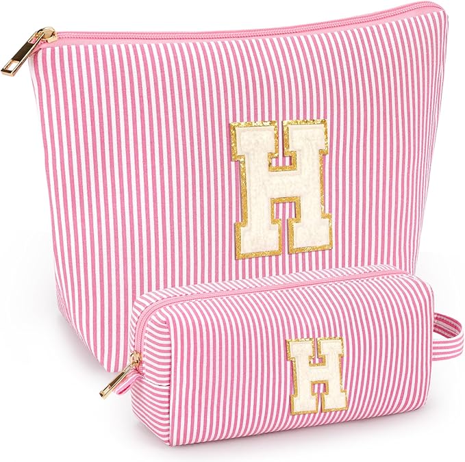 2 PCS Initial Makeup Bags for Women: Cosmetic Bag for Travel Toiletry - Birthday Gifts for 11 12 13 14 15 16 17 18 Years Old Girl Graduation Teacher Gift- Teen Girl Gifts Trendy Stuff - Pink H