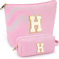 2 PCS Initial Makeup Bags for Women: Cosmetic Bag for Travel Toiletry - Birthday Gifts for 11 12 13 14 15 16 17 18 Years Old Girl Graduation Teacher Gift- Teen Girl Gifts Trendy Stuff - Pink H