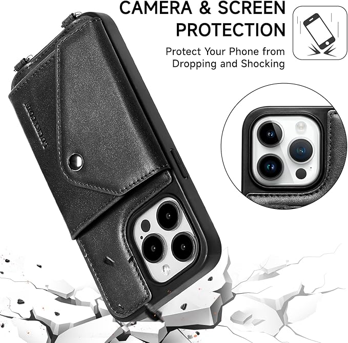 LUCKYCOIN Crossbody Wallet Phone Case for iPhone 15 Pro Max,100% Genuine Leather Wallet Phone Case with Expandable Flip Card Holder,Phone Purse for Women with Adjustable Removable Strap - Black