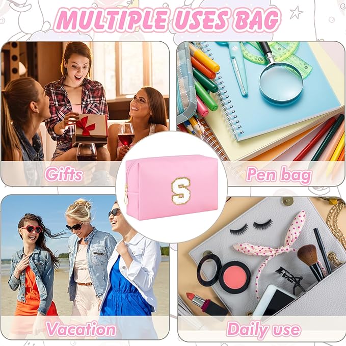 Patch Makeup Bag Travel Small Cosmetic Bag Pink PU Makeup Pouch Zippered Personalized Preppy Initial Skin Care Stuff Bag for Women Birthday Gift Teen Girl Gifts Trendy Stuff(S)