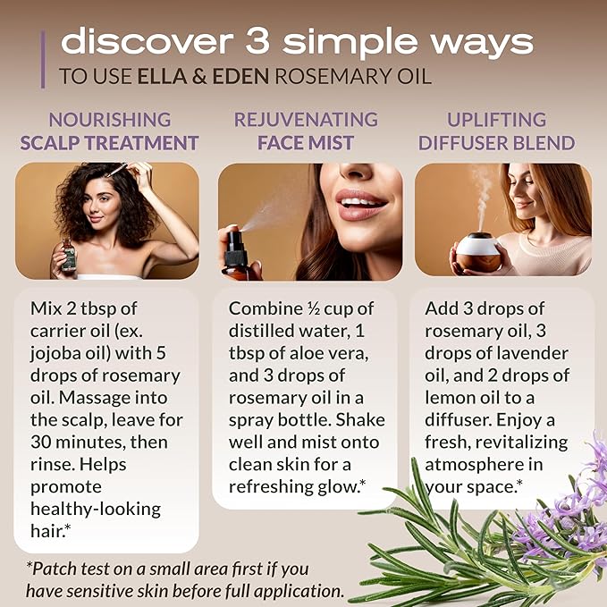 Ella & Eden Organic Rosemary Essential Oil - BIG 4 Oz bottle, 100% Pure, Steam-Distilled, Hexane-Free - for Hair Growth, Skin, Aromatherapy - Glass Bottle