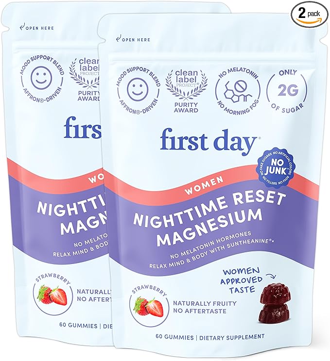 First Day Women’s Nighttime Reset Calming Magnesium Gummies – Sleep Aid Supports Peaceful Rest, Balanced Mood & Energy – Supplement with Magnesium Citrate, L-Theanine & No Melatonin – 60-Day Supply