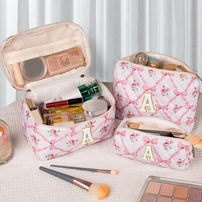 Makeup Bag, Quilted Cosmetic Bag, Large Floral Make Up Bag for Women Girls, Cute Big Cotton Makeup Bag Set, Flower Travel Toiletry Organizer Bag A