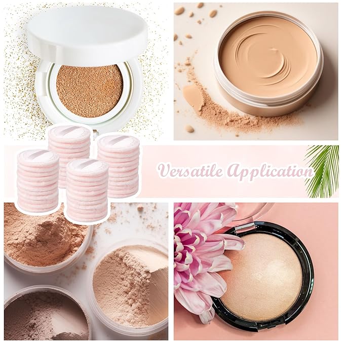 40 Pcs Cotton Powder Puffs Bulk Washable, 2.36 Inch Round Makeup Dusting Powder Puff with Ribbon for Face Body Cosmetic, Pink