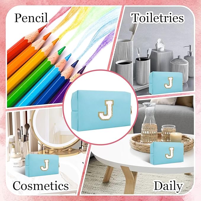 Small Personalized Letter Makeup Bag, Cute PU Leather Chenille Letters Cosmetic Bag Travel Makeup Pouch, Preppy Travel Organizer Zipper Pouch for Women&Girls（Blue-J）