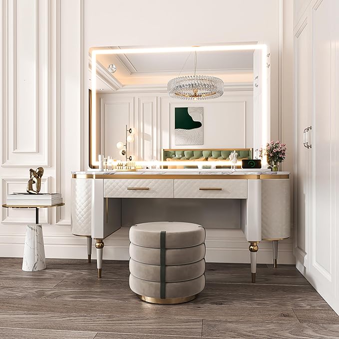 Hasipu Vanity Mirror with Lights, 50.2" x 34" LED Makeup Mirror, Lighted Makeup Mirror with Dimmable 3 Modes, Touch Screen Control Vanity Mirror Round White