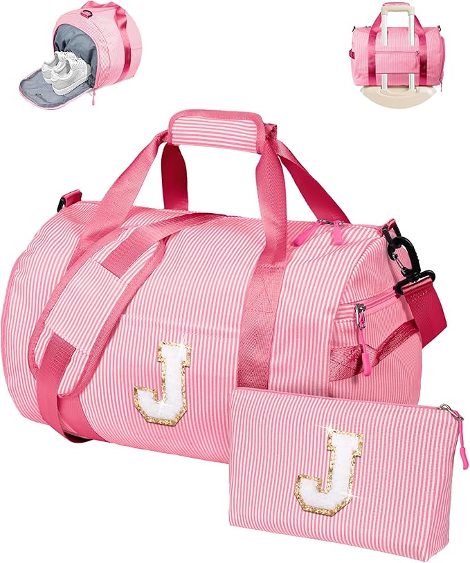 Birthday Gift for Teen, Girls Travel Duffle Bag, Kids Initial Overnight Bags with Shoe Compartment, Personalized Weekend Bag with Makeup Pouch, Girly Cute Stuff Trip Essentials (Letter J)