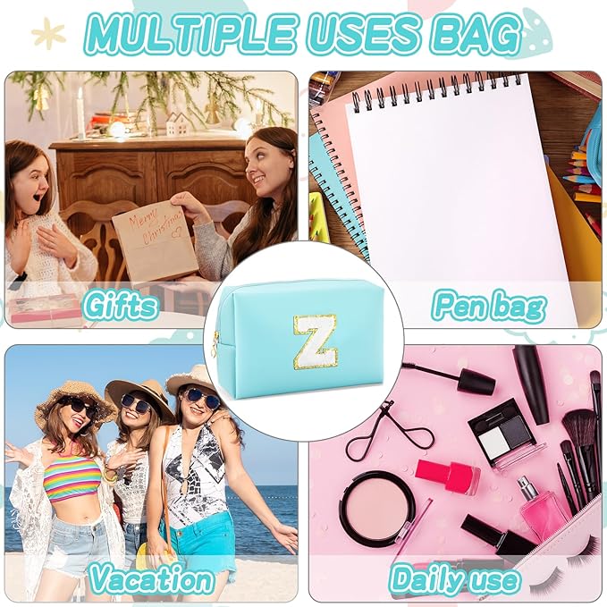 Gifts for Girls Initial Makeup Bag Personalized Cosmetic Bag with Zipper Cute Travel Toiletry Bag Waterproof PU Preppy Makeup Pouch Birthday Gift for Teen Girls Women(Blue Z)