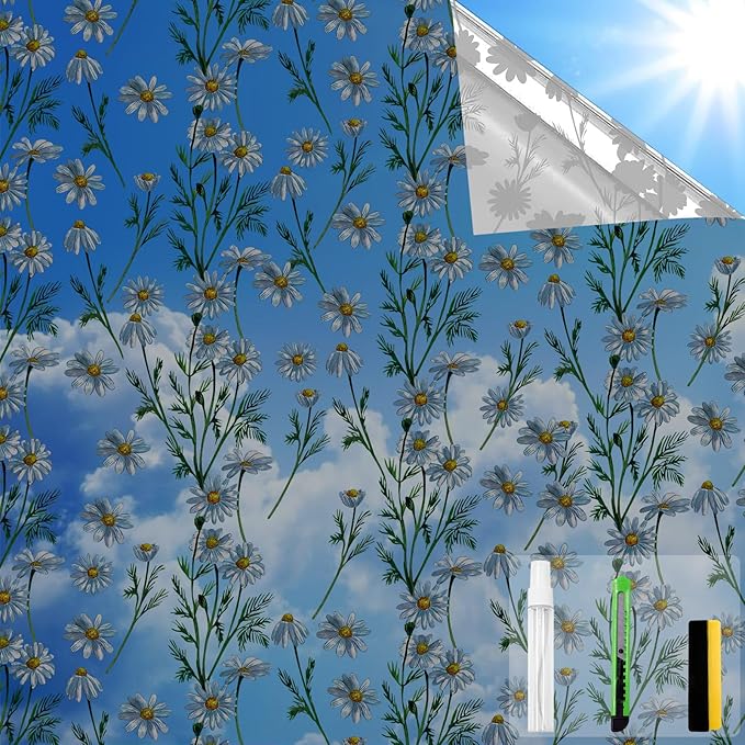 One Way Privacy Film, Window Tint for Home,Daytime Reflective, Anti UV Static Cling Sliding Door Coverings No Glue Garage Solar Paper (Black - Silver-Daisy, 23.6 x 78.7 in)