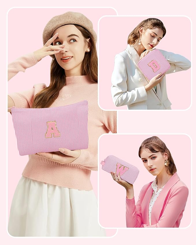 MONSTINA Personalized Initial Makeup Bag for Women,Monogram Make Up Case for Girlfriend Bridesmaid Wife,Birthday Gift for Her Cute Toiletry Bag,3PCS,Pink J