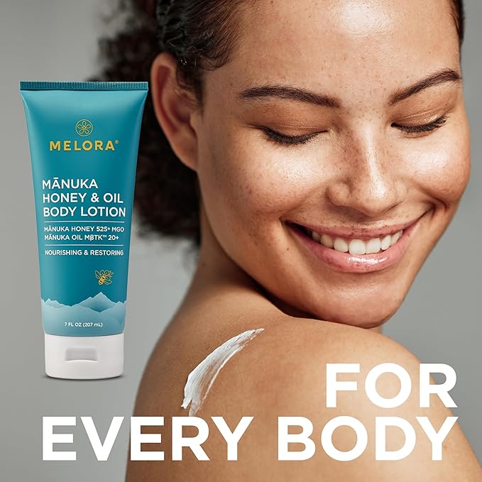 MELORA Manuka Honey Body Lotion (7oz), Moisturizing Lotion with Soothing Manuka Honey & Oil for Dry, Very Dry, Sensitive, or Aging Skin – Cream Moisturizer for Women & Men
