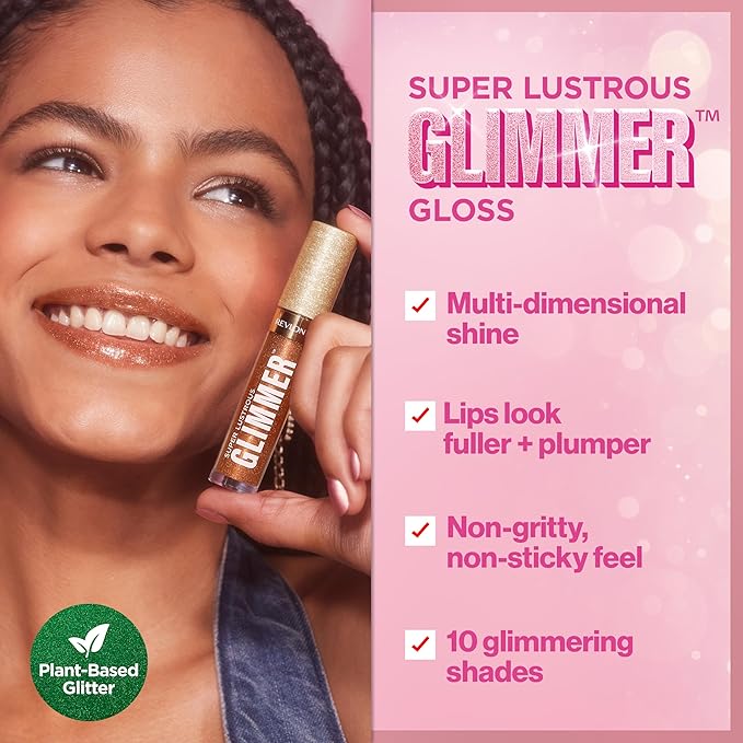 Revlon Super Lustrous Glimmer Gloss, Non-Sticky Lip Gloss, High-Shine Finish, Plant-Based Glitter, 002 Pink Prisma, 0.13 fl oz
